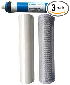 CFS – 3 Pack Replacement Water Filter Set includes Sediment, Carbon Block Cartridges & 75 GPD Membrane Compatible with 10" Reverse Osmosis Models – Removes Bad Taste – 3 Stage RO Filtration System