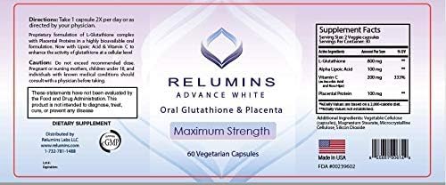 Relumins Advanced White Glutathione Capsules - Max Strength Brightening Supplement with ALA, Placenta, Rose HIPS & Vitamin C - Fights Oxidative Stress, Supports Collagen & Youthful Skin - 60 Caps