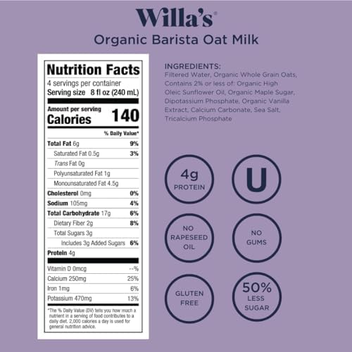 Willa's Organic Barista Oat Milk - Barista Blend Unsweetened Oatmilk and Creamer, Non-GMO, Shelf Stable, Low Sugar, Non-Dairy Milk, Made from Whole Grain Oats, For Foams and Froth, 32oz, Pack of 6
