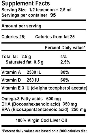 Virgin Cod Liver Oil - 8 Fl oz Natural, Wild Caught & Fresh Tasting,.High in Vitamin D, Omega 3 DHA/EPA (Lemon Flavored)