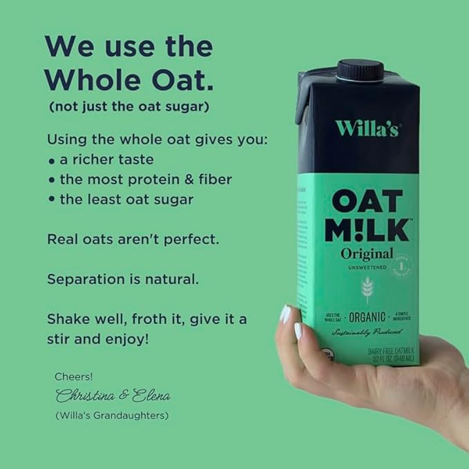 Willa's Organic Oat Milk - Unsweetened Original Oatmilk, Non-GMO, Shelf Stable, Low Sugar, Non-Dairy Milk, Made from Whole Grain Oats, No Oil, No Gums, 32 Oz - Pack of 1