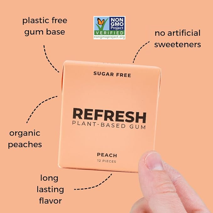 Refresh Gum, Xylitol, Natural, Sugar Free, Aspartame Free, Plastic Free, Natural Flavors & Organic Ingredients, Plant-Based, Low Calorie, Non GMO, Gluten Free, Vegan, Peach Flavor, 12 Pieces, 12 Pack