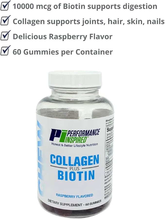 PERFORMANCE INSPIRED Nutrition Collagen + Biotin Gummies – Hydrolyzed Marine Collagen – Supports Hair, Skin & Nails – Raspberry Flavor – 60 Count