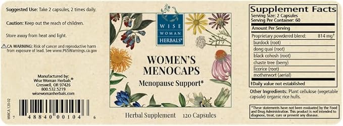 Wise Woman Herbals Women's Menocaps Non-GMO Herbal Blend for Menopause Support, Hot Flashes, Night Sweats, Mood Support, Emotional Balance, Hormonal Support 120 Veg Caps