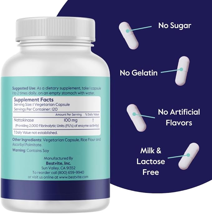 BESTVITE Nattokinase 100mg (2000 FU) (120 Vegetarian Capsules) - No Stearates - Vegan - Non GMO - Gluten Free