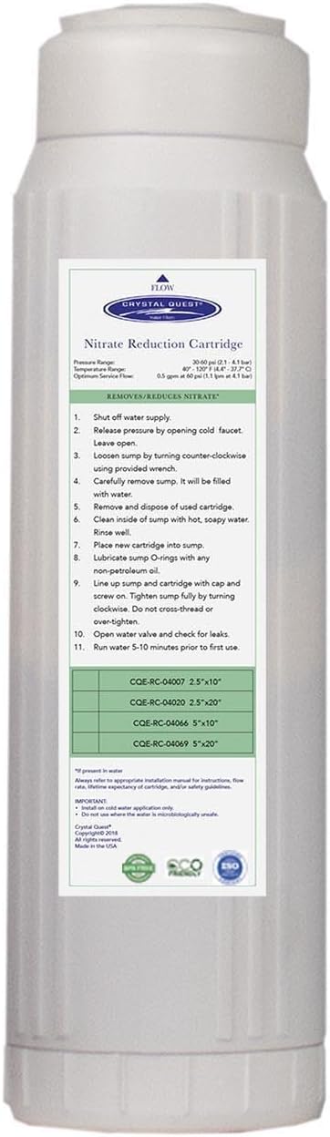 Crystal Quest Nitrate Reduction Water Filter Cartridge ā High Capacity, Specialized Resin, Easy Installation, Reliable Performance 2-7/8" x 9-3/4"