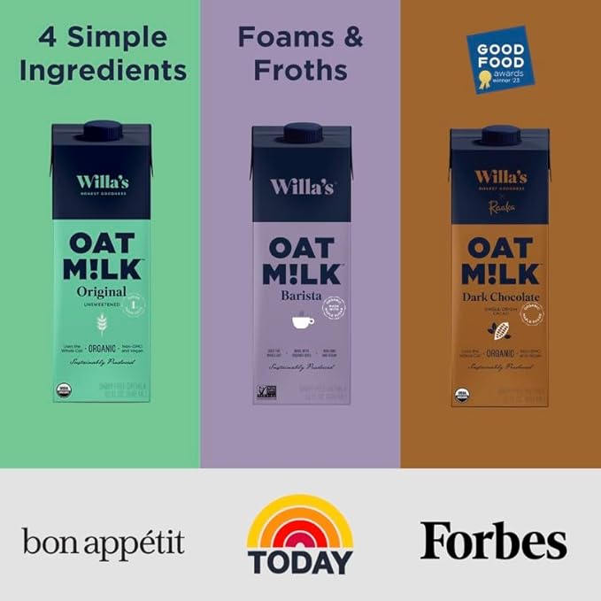Willa's Organic Oat Milk - Unsweetened Original Oatmilk, Non-GMO, Shelf Stable, Low Sugar, Non-Dairy Milk, Made from Whole Grain Oats, No Oil, No Gums, 32 Oz - Pack of 1