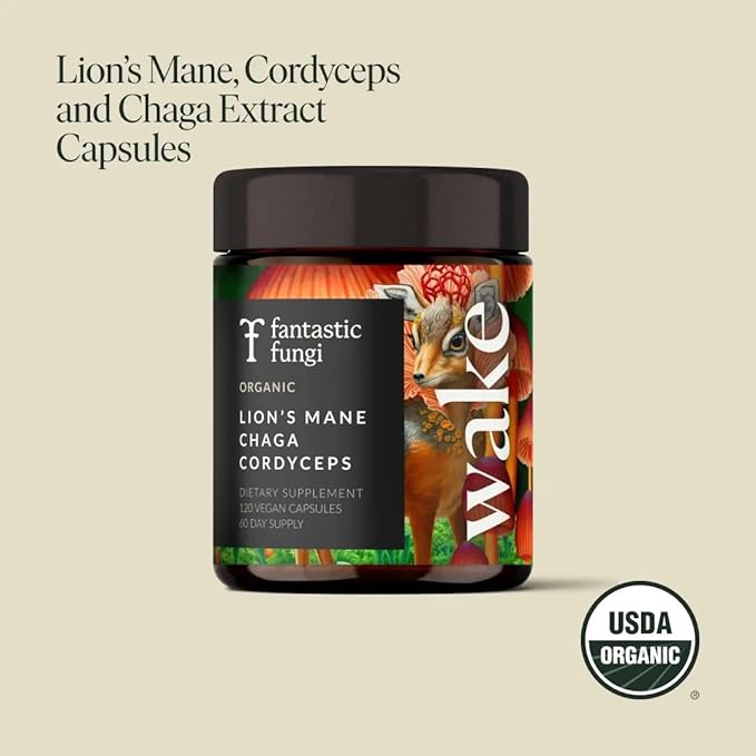 Mushroom Supplement with Lions Mane, Chaga & Cordyceps, Focus, Energy & Brain Support, Adaptogens Capsules, 100% USDA Organic Mushrooms Complex Blend - Vegan, Glass Jar 120 Caps, 2 Month Supply