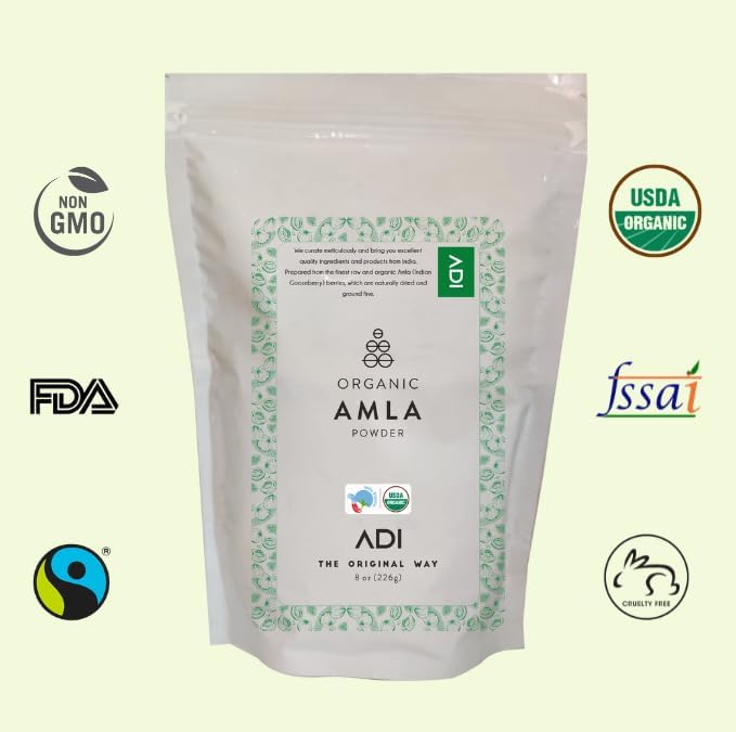 ADI Organic Amla Powder 8oz, 100% Pure Natural Amalaki Powder, Support hair growth, Indian gooseberry, Natural Vitamin C, USDA Certified