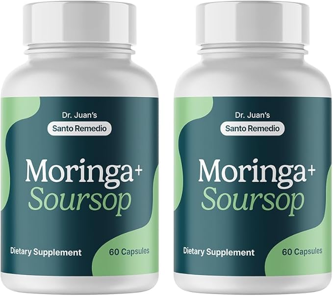 Santo Remedio Moringa and Soursop, Dietary Supplement, Supports Overall Health and The Immune System, 2 Bottles of 60 Capsules, 60 Servings, Gluten-Free, Non-GMO, No Added Sugar.