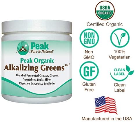 Peak Pure & Natural Peak Organic Alkalizing Greens Support pH Balance and Alkalinity | Superfood Green Drink Powder | Blend of Fermented Grass, Vegetable, & Fruit | Digestive Enzyme & Probiotic Powder