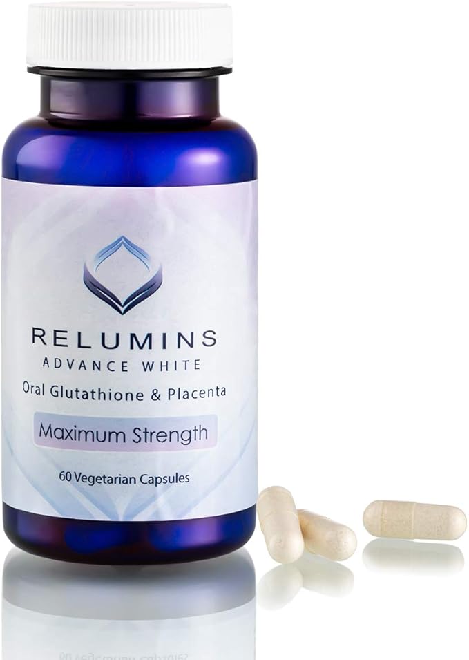 Relumins Advanced White Glutathione Capsules - Max Strength Brightening Supplement with ALA, Placenta, Rose HIPS & Vitamin C - Fights Oxidative Stress, Supports Collagen & Youthful Skin - 60 Caps