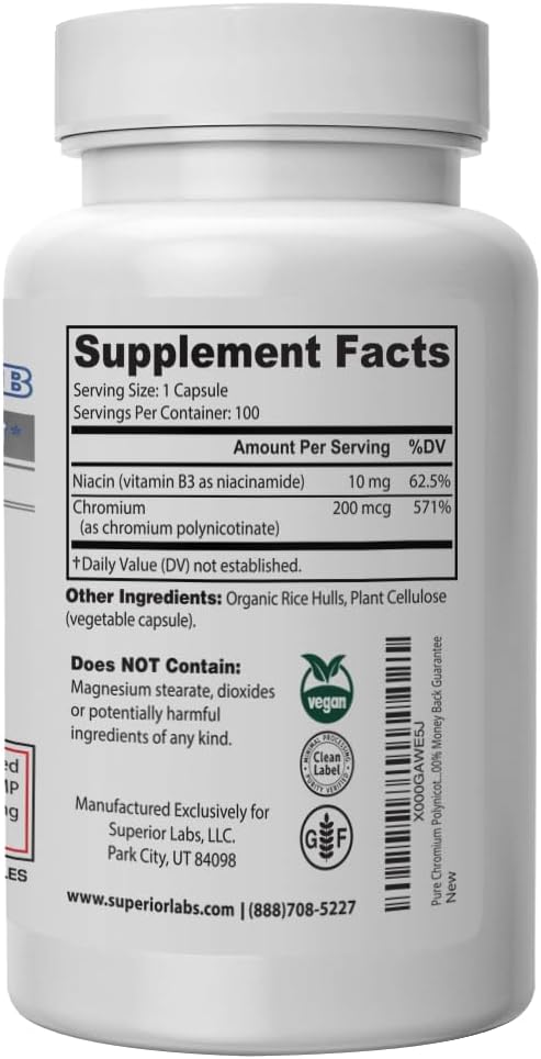 Superior Labs Chromium Polynicotinate 200mcg with Vitamin B3, Non-GMO, High Absorption Niacin-Bound Supplement, Supports Healthy Blood Sugar Levels and Metabolism, 100 Veg Caps, 14-Week Supply