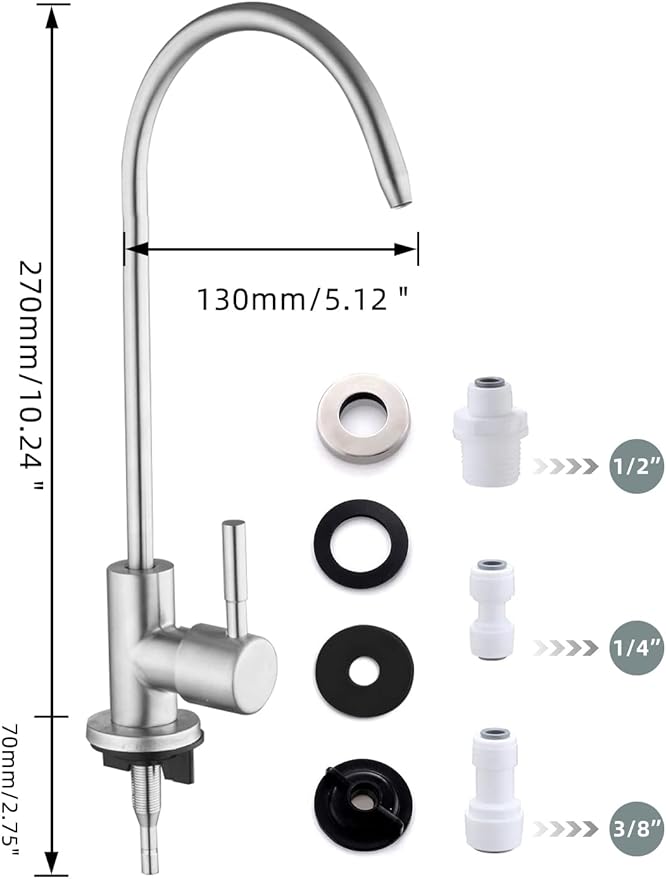 Drinking Water Faucet,Easy to Install Sink Water RO Faucet,Lead-Free Reverse Osmosis Faucets for Kitchen Bar Sink,Brushed Nickel SUS304 Stainless Steel