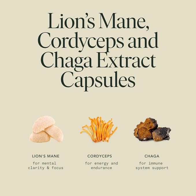 Mushroom Supplement with Lions Mane, Chaga & Cordyceps, Focus, Energy & Brain Support, Adaptogens Capsules, 100% USDA Organic Mushrooms Complex Blend - Vegan, Glass Jar 120 Caps, 2 Month Supply