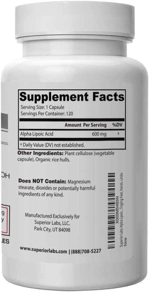 Superior Labs Alpha Lipoic Acid 600 mg Capsules, Pure Non-GMO ALA, High Absorption, Nerve Support, Healthy Circulation and Nerve Response, Healthy Aging Antioxidant, 120 Veg Caps, 4-Month Supply