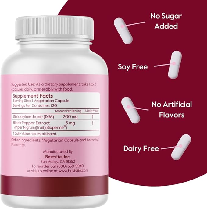 BESTVITE DIM (Diindolylmethane) 200mg with Bioperine (120 Vegetarian Capsules) - No Stearates - Vegan - Non GMO - Gluten Free