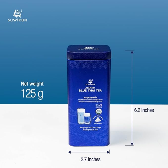 Suwirun Organic Blue Thai Tea 25 Bags โ Naturally Blue Butterfly Pea Tea โ Floral Aroma with Vanilla & Green Tea โ Great for Hot, Iced & Milk Tea
