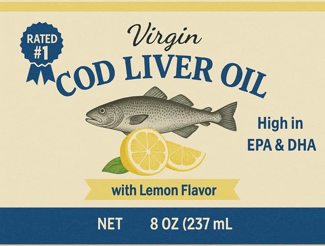 Virgin Cod Liver Oil - 8 Fl oz Natural, Wild Caught & Fresh Tasting,.High in Vitamin D, Omega 3 DHA/EPA (Lemon Flavored)