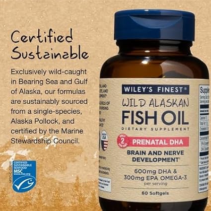 Wiley's Finest Wild Alaskan Fish Oil Prenatal DHA - 900mg EPA and DHA Omega-3s for Pregnant Women and Nursing Mothers - 60 Softgels (30 Prenatal Vitamin Servings)