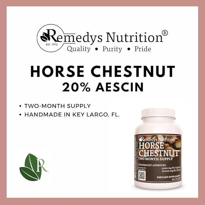 Remedy's nutrition Horse Chestnut Extract Aescin 20% - 1,000mg, 60 Vegan Capsules Herbal Dietary Supplement - 2 Month Supply