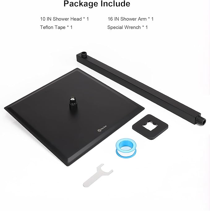 HarJue Shower Head with Extension Arm, High Pressure Square with ShowerArm, Stainless Steel Rainfall-Waterfall Full Body Coverage (10'' Shower with 16'' Arm, Matte Black)