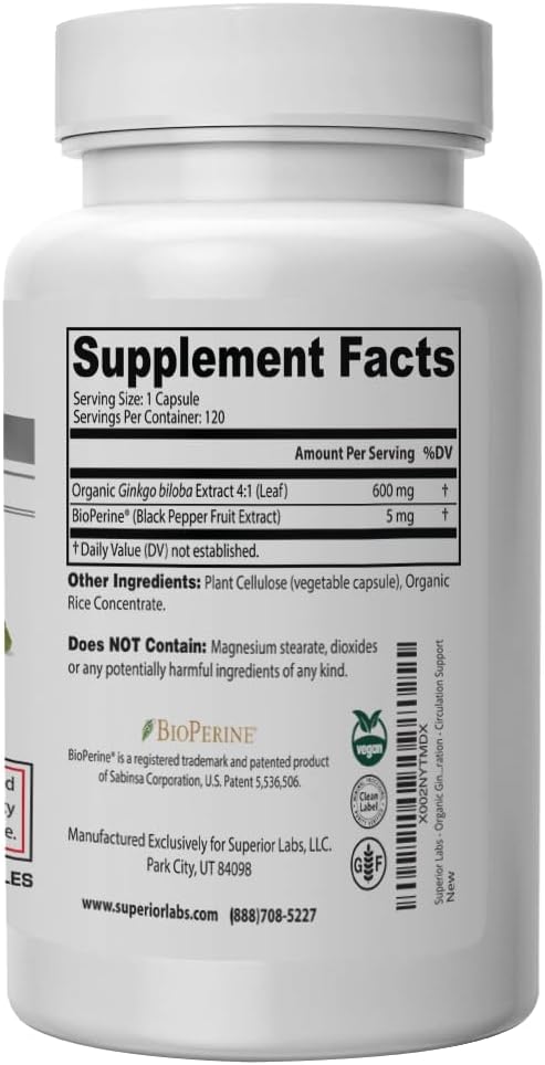 SuperiorLabs Ginkgo Biloba 1200 mg, Non-GMO, Black Pepper for Increased Absorption, Ginkgo Extract, Improves Memory & Focus, Circulation Booster, Natural Antioxidant Nootropic, 120 Veg Caps