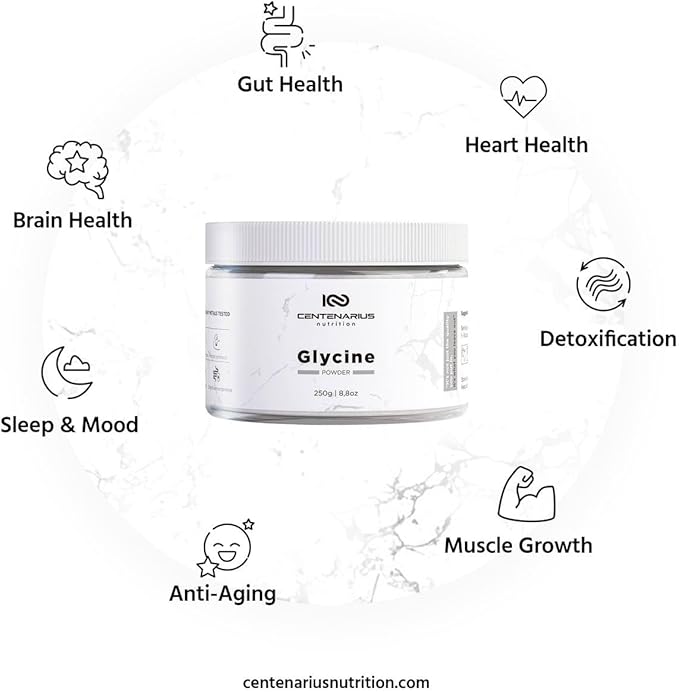 Centenarius Nutrition Glycine Powder 250g | Non-Essential Amino Acids Supplement for Post Workout Muscle Recovery, Digestion, Sleep Aid + More - Vegan, Additive-Free, Third-Party Tested