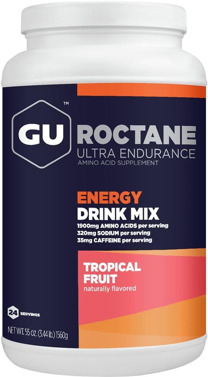 GU Energy Roctane Ultra Endurance Energy Drink Mix, Vegan, Gluten-Free, Kosher, 35mg of Caffeine, and Dairy-Free n-the-Go Energy for Any Workout, 3.44-Pound Jar, Tropical Fruit
