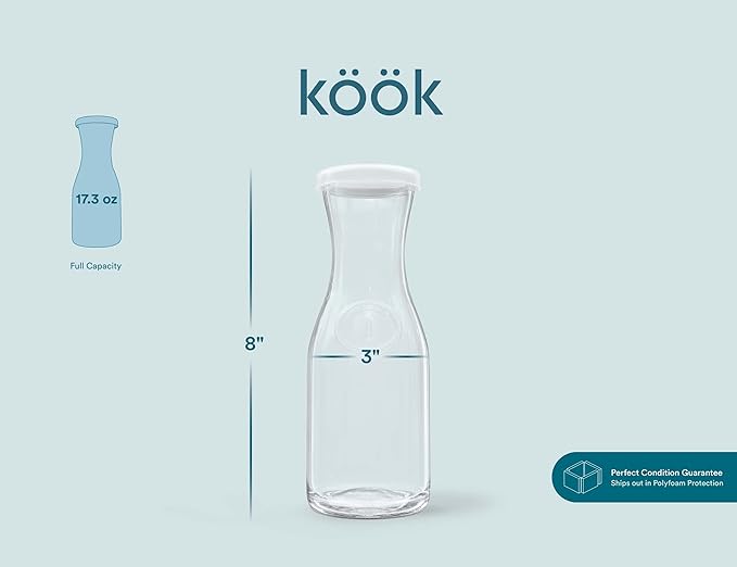 Glass Carafe Pitchers, by Kook, Mini Carafes- set of 6, Beverage Dispensers, Clear Jugs For Mimosas, Water, Wine, Milk and Juice, with Plastic Lids, Dishwasher Safe 17.3 oz