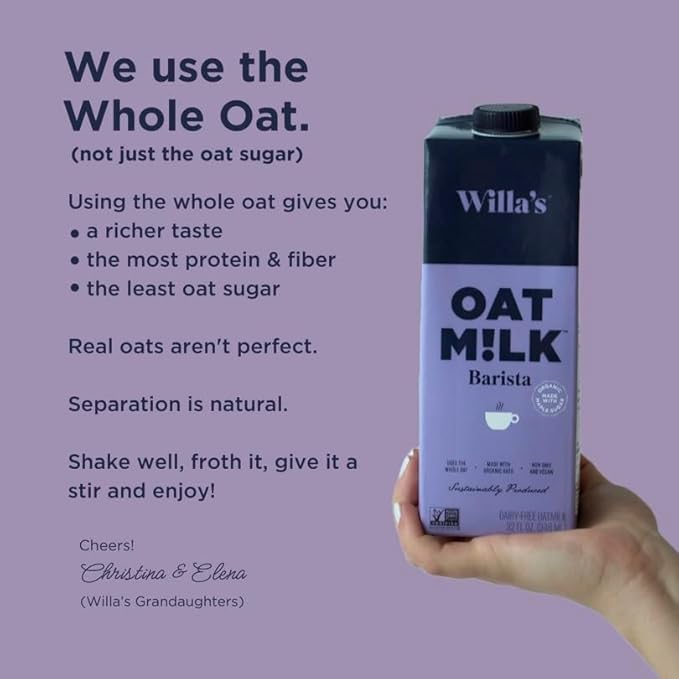 Willa's Organic Barista Oat Milk - Barista Blend Unsweetened Oatmilk and Creamer, Non-GMO, Shelf Stable, Low Sugar, Non-Dairy Milk, Made from Whole Grain Oats, For Foams and Froth, 32oz, Pack of 6