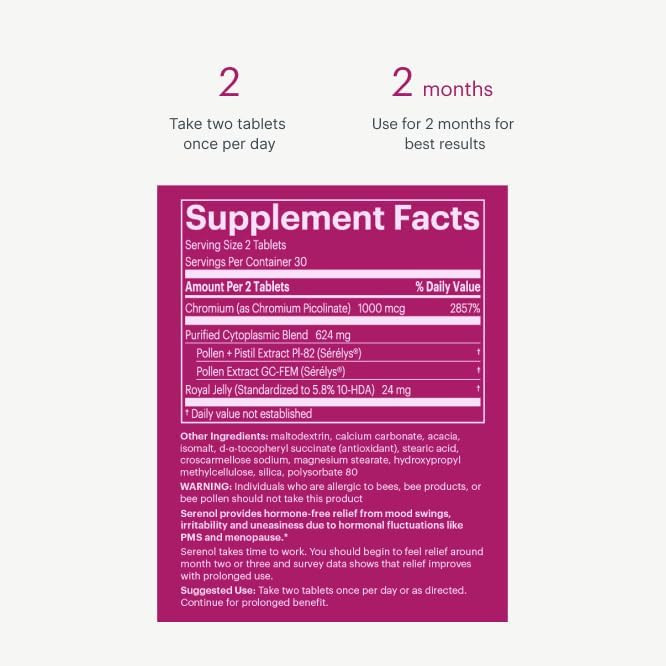 Serenol by Bonafide. Relief from Hormonal Mood Swings, Irritability, & PMS Bloating. — 1-Month Supply (60 Tablets)