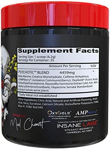 Insane Labz Psychotic, High Stimulant Pre Workout Powder, Extreme Lasting Energy, Focus and Endurance with Beta Alanine, Creatine Monohydrate DMAE, 35 Srvgs (Gummy Candy)