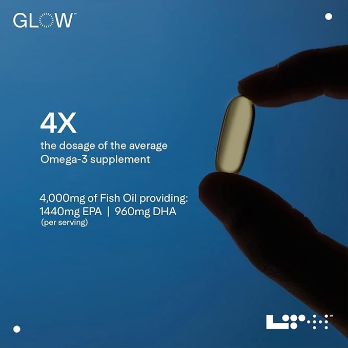 Glow Omega-3 Fish Oil - Trusted by Life Time Fitness Members - NSF Certified for Sport - Supports Brain & Heart Health - Aids Healthy Skin, Hair & Nails - Gluten Free & Soy Free - 30 Servings