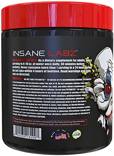 Insane Labz Psychotic, High Stimulant Pre Workout Powder, Extreme Lasting Energy, Focus and Endurance with Beta Alanine, Creatine Monohydrate DMAE, 35 Srvgs (Fruit Punch)