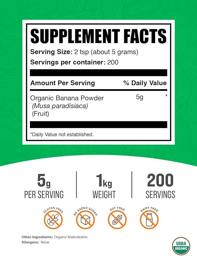 BulkSupplements.com Organic Banana Powder - Banana Fruit Powder, Nutrient Rich - Air-Dried & Gluten Free, 5g per Serving, 1kg (2.2 lbs) (Pack of 1)