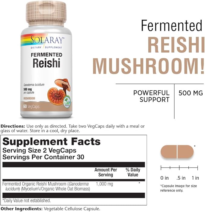 SOLARAY Fermented Reishi Mushroom 500mg | Healthy Immune, Heart & Brain Function Support | Energy & Mood Supplement | 60 VegCaps