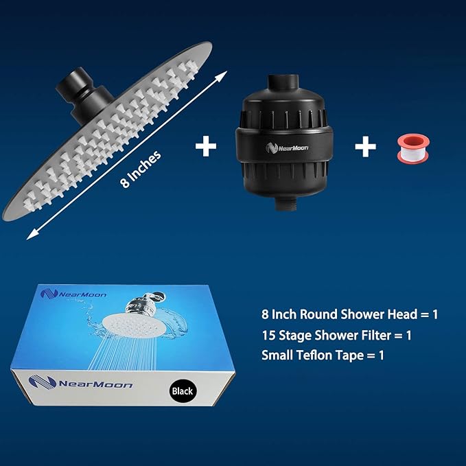 NearMoon Shower Head and 15 Stage Shower Filter Combo, High Pressure Filtered Shower for Hard Water, Improves the Condition of Your Skin, Hair (8 Inch, Black)