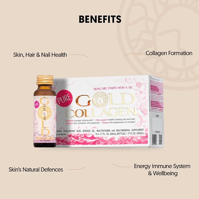 GOLD COLLAGEN Pure - Collagen Supplements for Women & Men with Biotin for Hair Growth, Skin and Nail - Anti Wrinkle Immune System Booster with Hyaluronic Acid, Vitamin C, B6 and Zinc, 3 Pack 10x50 ml