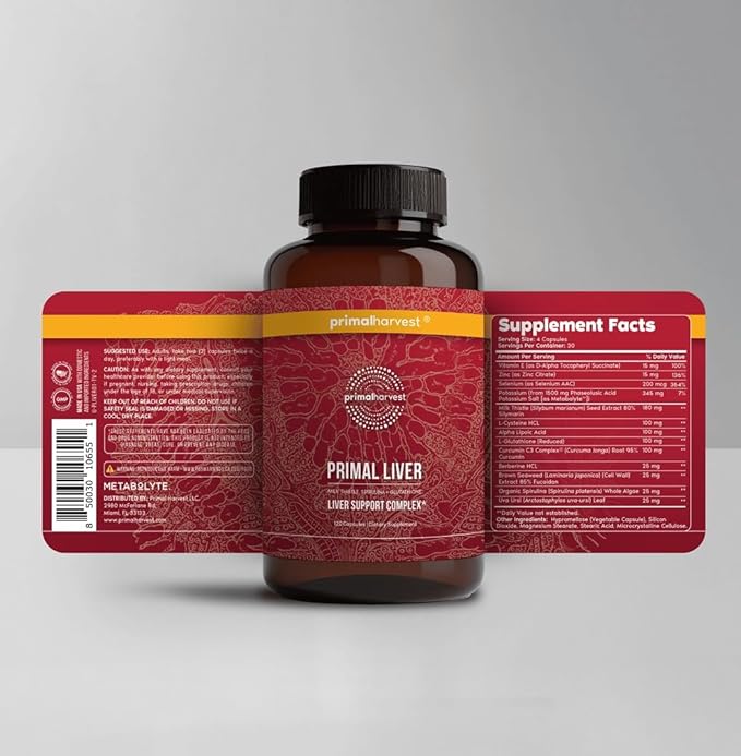 Primal Harvest Primal Liver Liver Supplement with, Alpha-Lipoic Acid, L-Cysteine HCL, L-Glutathione, Milk Thistle, and Spirulina, for Men and Women, 120 Capsules