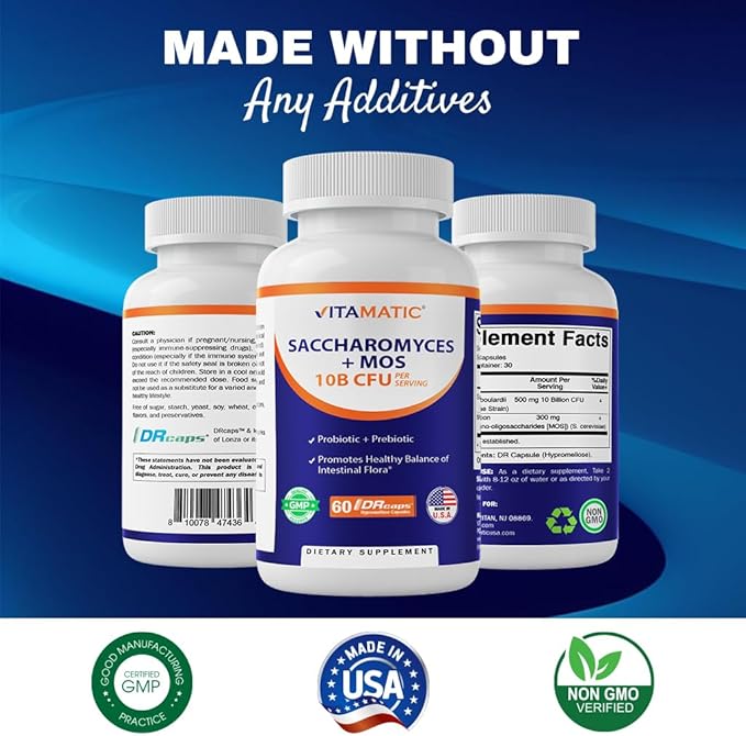Vitamatic Saccharomyces Boulardii Probiotic 10B per Serving + Yeast Extract (MOS Yeast Fraction) 300 mg - 60 DR Capsules - Made in The USA