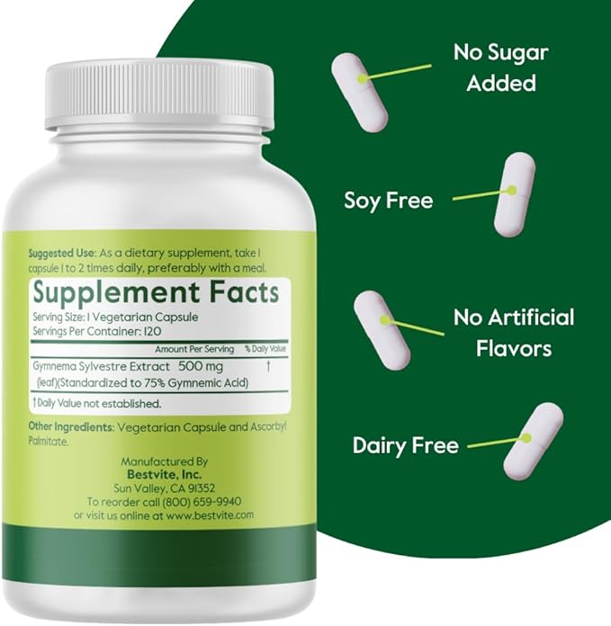 BESTVITE Gymnema Sylvestre 500mg (120 Vegetarian Capsules) - Standardized to 75% Gymnemic Acid - No Stearates - No Fillers - No Flow Agents- Vegan - Non GMO - Gluten Free
