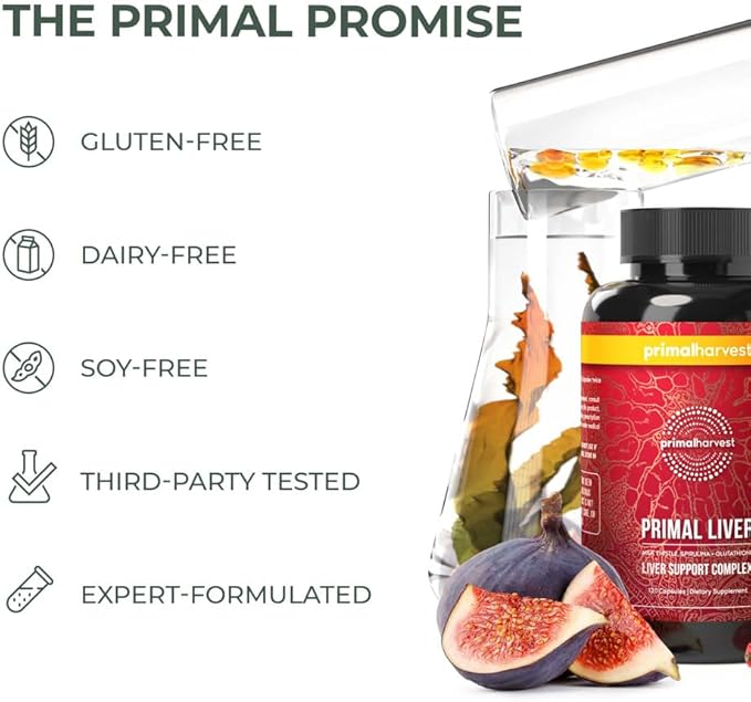 Primal Harvest Primal Liver 2 Pack, Liver Supplement with, Alpha-Lipoic Acid, L-Cysteine HCL, L-Glutathione, Milk Thistle, and Spirulina, for Men and Women, 240 Capsules (2)