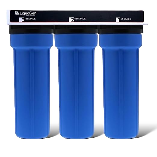 LiquaGen 2 and 3 Stage Dechlorinator Water Filter System - Fresh Water Aquariums & Hydroponics Gardening (10 inch, 3 Stage - Blue)