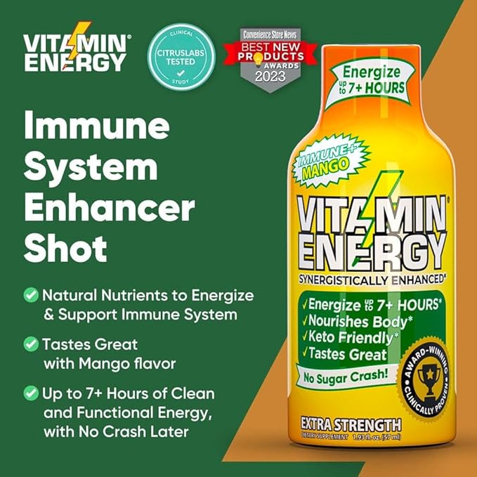 Vitamin Energy Immune+ Extra Strength Energy Shot Mango 48 Pack, 260mg Natural Caffeine, B-Vitamins, Citicoline, Green Tea, Immunity & Focus Support, Zero Sugar, Gluten-Free 1.93 fl oz