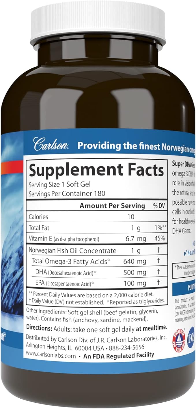 Carlson - Super DHA Gems, 500 mg DHA Supplements, 640 mg Fatty Acids, Wild-Caught Norwegian Arctic Omega 3 Fish Oil Supplement, Sustainably Sourced Fish Oil Capsules, 180 Softgels