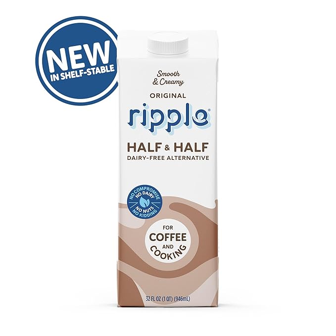 Ripple 32 oz Plant Based Milk 8g of Quality Sourced Pea Protein, Calcium Rich | Shelf Stable | Vegan & Non GMO Certified | Dairy, Soy, Nut, Gluten, & Lactose Free (Pack of 6) (32 Fl Oz (Pack of 6), Half & Half)
