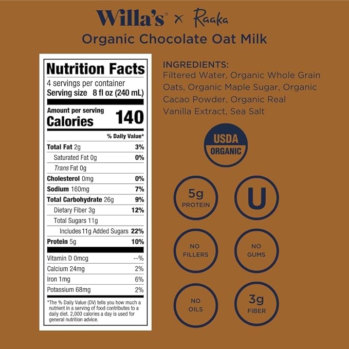 Willa's Organic Oat Milk - Chocolate Unsweetened Cacao Oatmilk, Non-GMO, Shelf Stable, Low Sugar, Non-Dairy Milk, Made from Whole Grain Oats, No Oil, No Gums, 32 Oz - Pack of 6