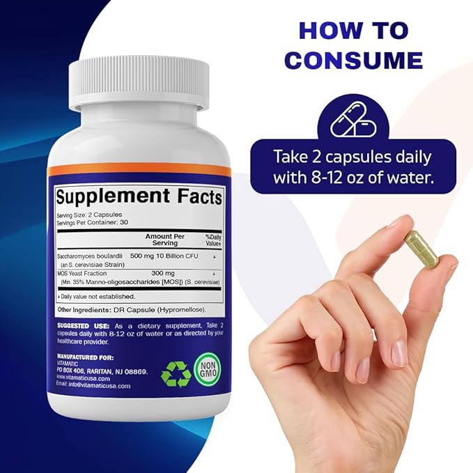 Vitamatic Saccharomyces Boulardii Probiotic 10B per Serving + Yeast Extract (MOS Yeast Fraction) 300 mg - 60 DR Capsules - Made in The USA