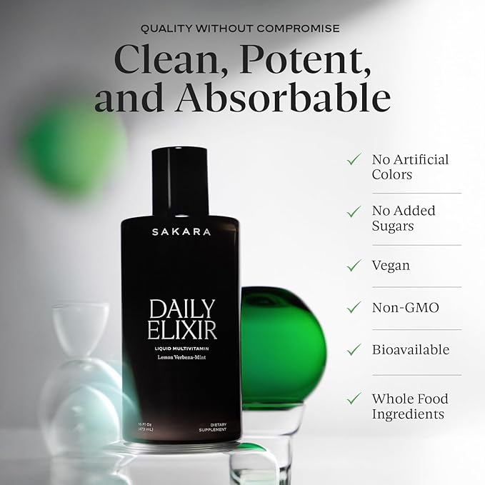 SAKARA Daily Elixir Liquid Multivitamin - Essential Nutrients for Radiant Skin & Cognitive Health - Plant-Based Bioavailable Formula with Vitamin E & Selenium - Sugar-Free Lemon Verbena-Mint, 16 fl oz